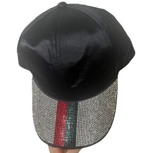 VERA NY‎ BLACK BLING HAT SATIN FABRIC RHINESTONES BLING RED GREEN STRIPE DESIGN